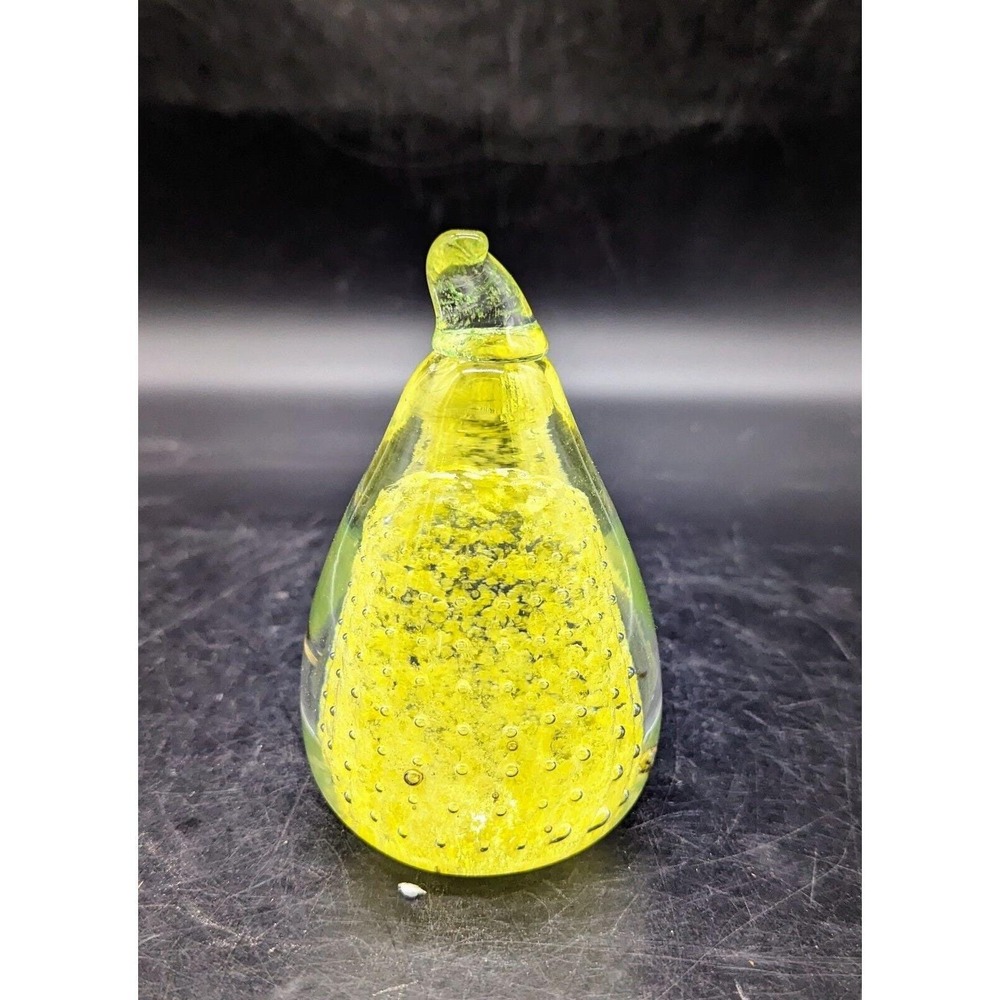 Handmade Yellow Pear Fruit Art Glass Paperweight Controlled Bubble 5"